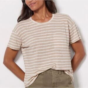 Faherty Sonoma Tee Shirt Linen Short Sleeves Hampton Stripe Tan White Size Small